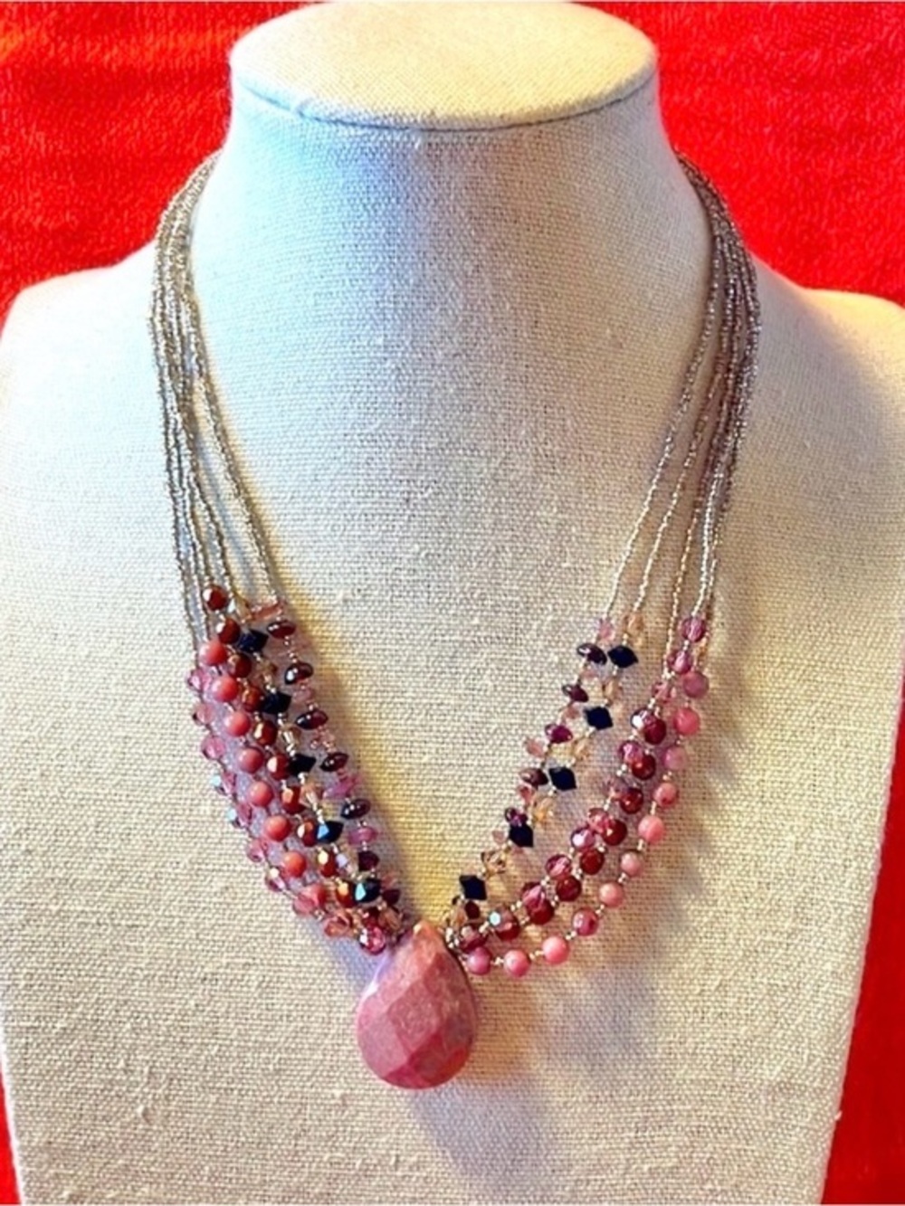 Rachel Reinhardt NY Multi Strand Pink Beaded Necklace Rhodonite Gemstone Pendant